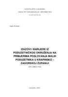 prikaz prve stranice dokumenta Izazovi i barijere iz poduzetničkog okruženja na primjerima poslovanja malih poduzetnika u Krapinsko-zagorskoj županiji